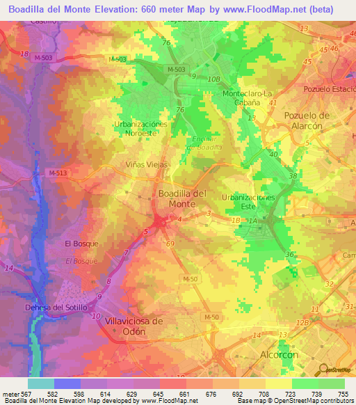 Boadilla del Monte,Spain Elevation Map