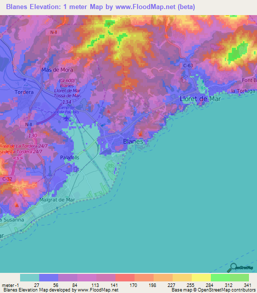 Blanes,Spain Elevation Map