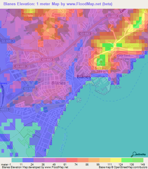 Blanes,Spain Elevation Map