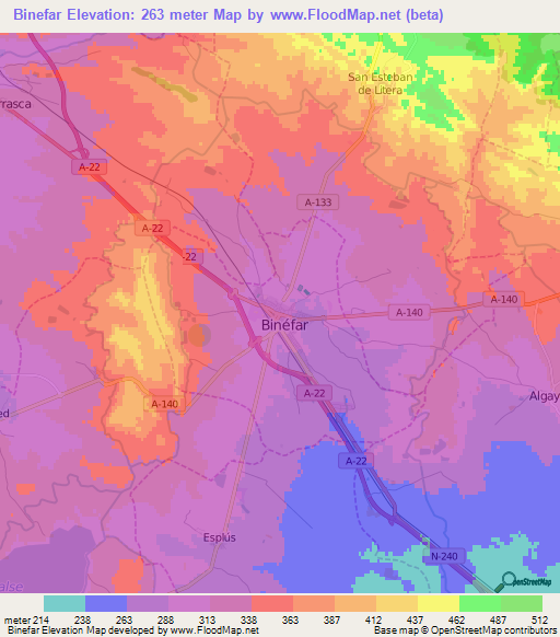 Binefar,Spain Elevation Map