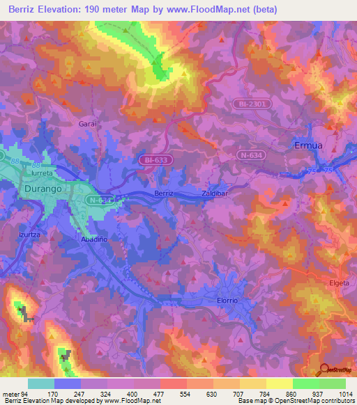 Berriz,Spain Elevation Map