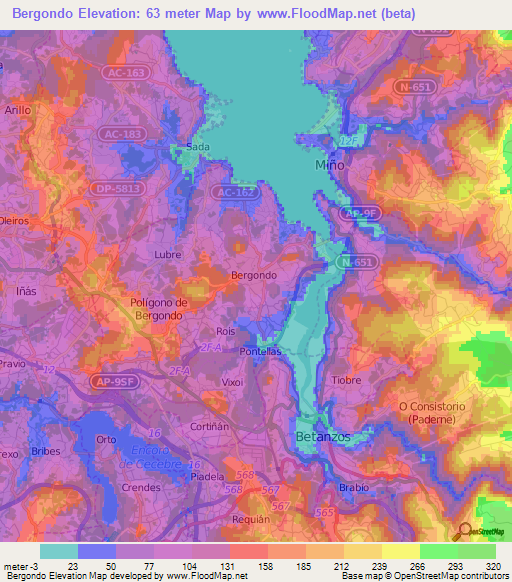 Bergondo,Spain Elevation Map