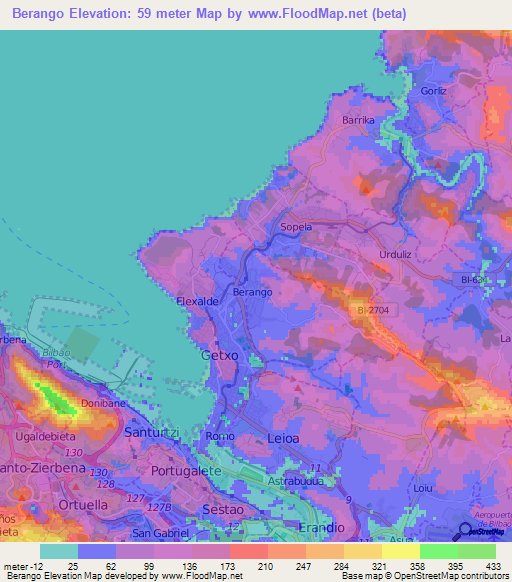 Berango,Spain Elevation Map