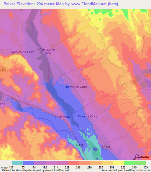 Belver,Spain Elevation Map