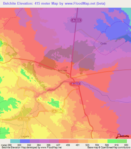 Belchite,Spain Elevation Map