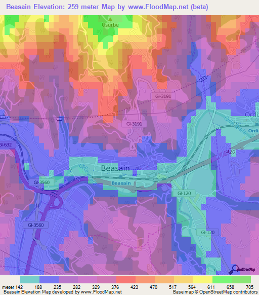 Beasain,Spain Elevation Map