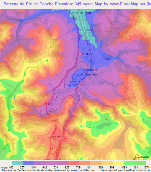 Barcena de Pie de Concha,Spain Elevation Map