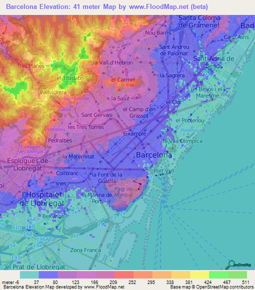 Barcelona,Spain Elevation Map