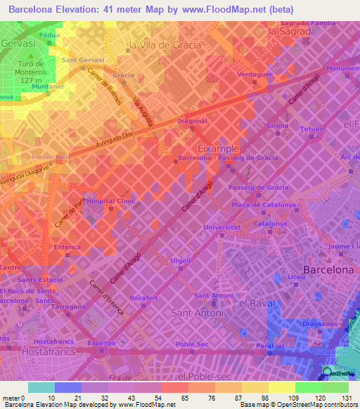 Barcelona,Spain Elevation Map