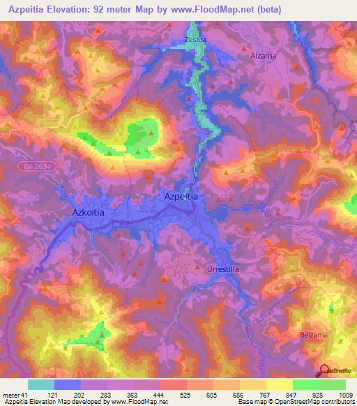 Azpeitia,Spain Elevation Map