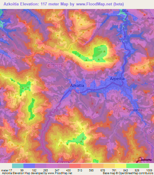 Azkoitia,Spain Elevation Map