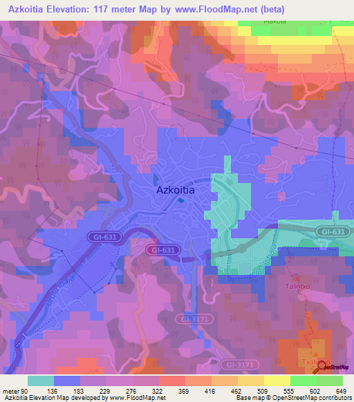 Azkoitia,Spain Elevation Map