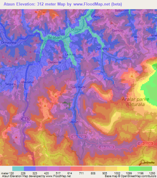 Ataun,Spain Elevation Map