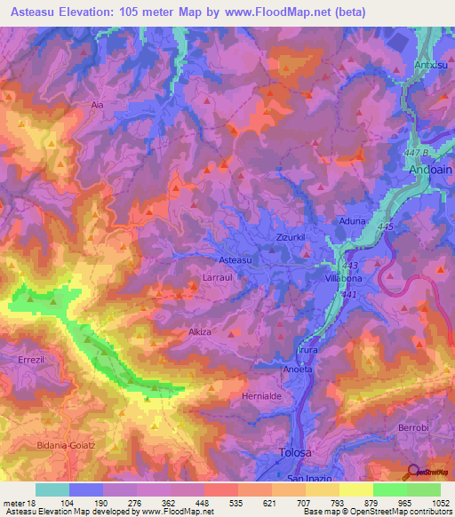 Asteasu,Spain Elevation Map