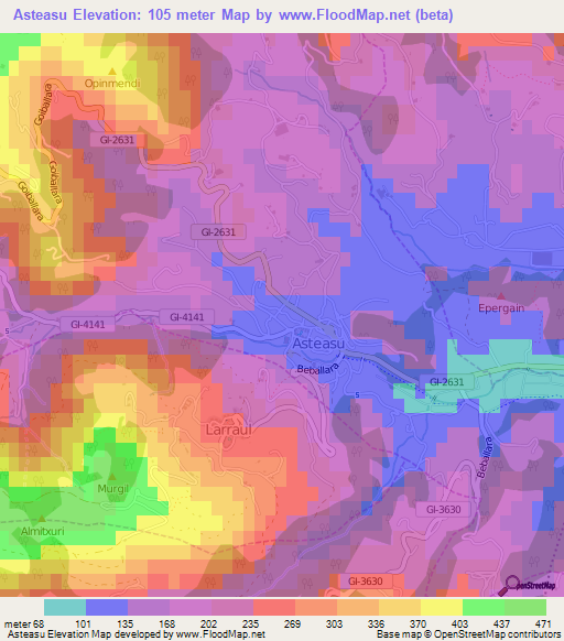 Asteasu,Spain Elevation Map