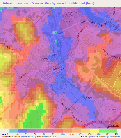 Arteixo,Spain Elevation Map