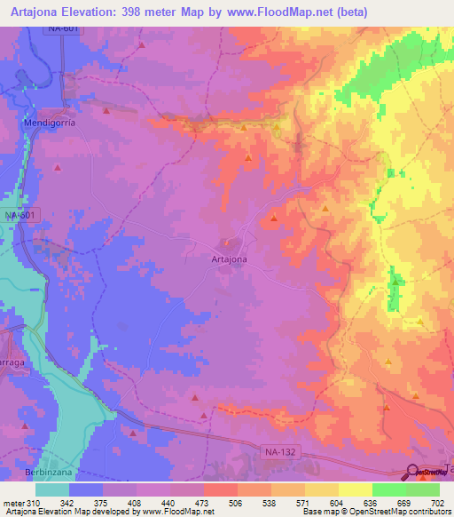 Artajona,Spain Elevation Map