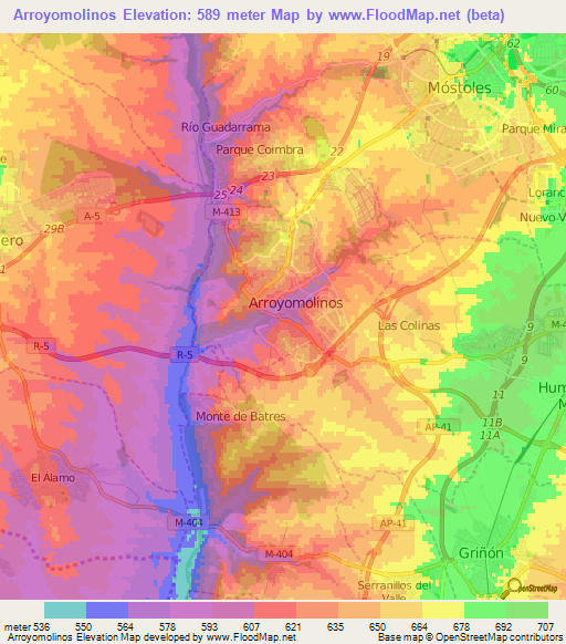 Arroyomolinos,Spain Elevation Map