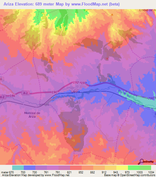 Ariza,Spain Elevation Map