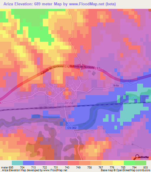 Ariza,Spain Elevation Map