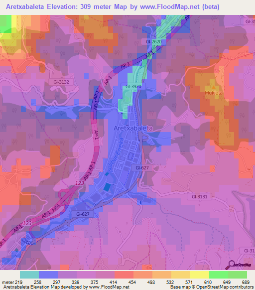 Aretxabaleta,Spain Elevation Map