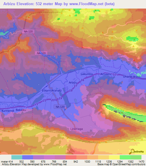 Arbizu,Spain Elevation Map