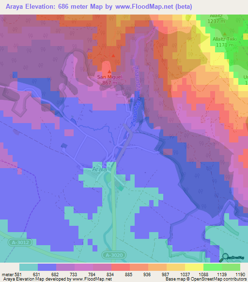 Araya,Spain Elevation Map