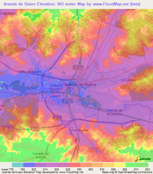 Aranda de Duero,Spain Elevation Map