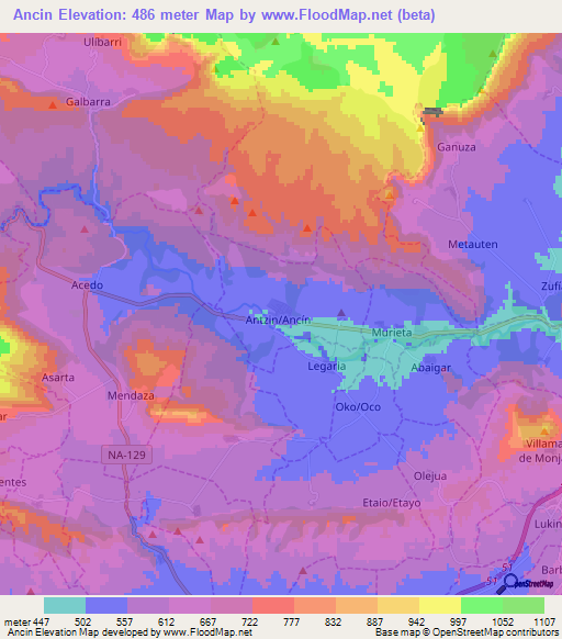 Ancin,Spain Elevation Map