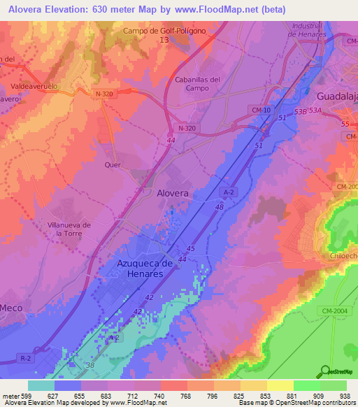 Alovera,Spain Elevation Map