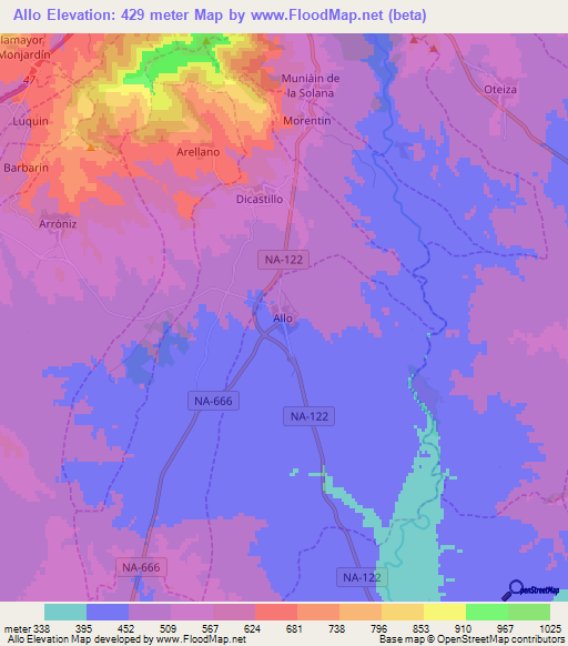 Allo,Spain Elevation Map