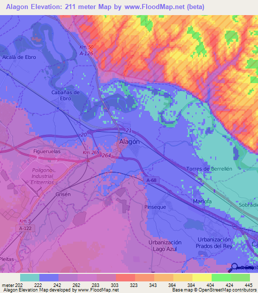 Alagon,Spain Elevation Map