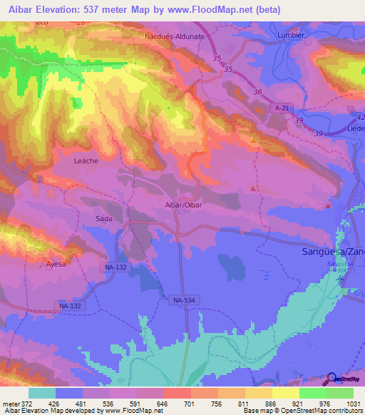 Aibar,Spain Elevation Map