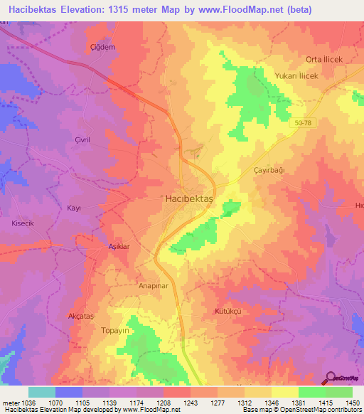 Hacibektas,Turkey Elevation Map