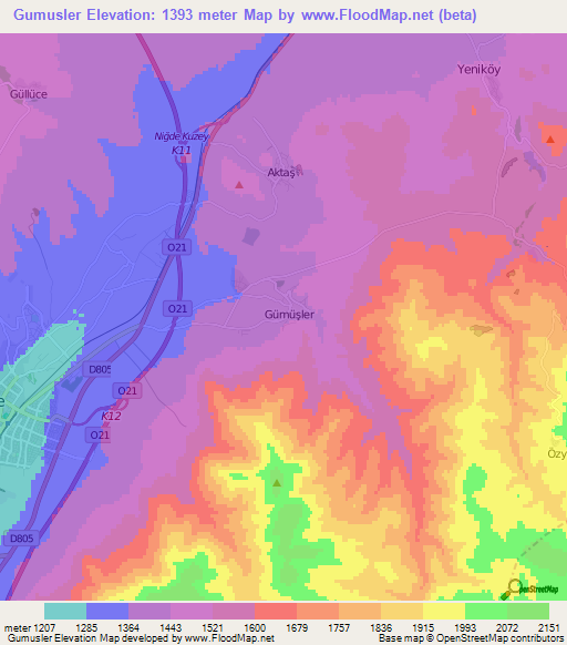 Gumusler,Turkey Elevation Map