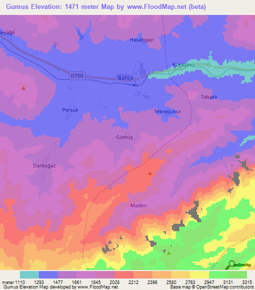 Gumus,Turkey Elevation Map