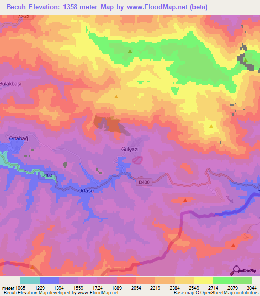 Becuh,Turkey Elevation Map