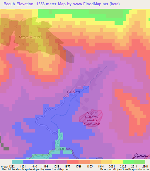 Becuh,Turkey Elevation Map