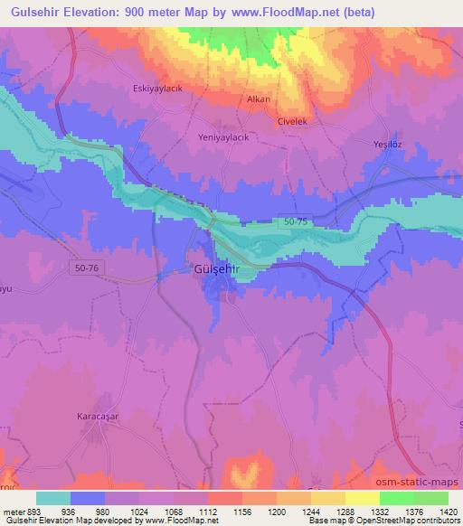 Gulsehir,Turkey Elevation Map