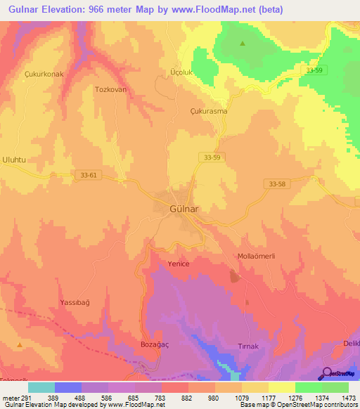 Gulnar,Turkey Elevation Map