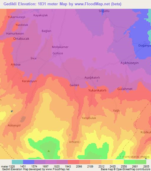 Gedikli,Turkey Elevation Map