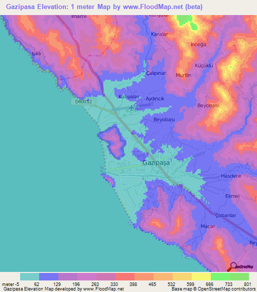 Gazipasa,Turkey Elevation Map