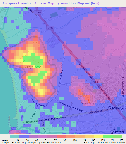 Gazipasa,Turkey Elevation Map