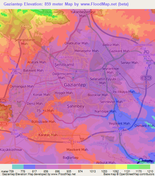 Gaziantep,Turkey Elevation Map