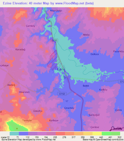 Ezine,Turkey Elevation Map