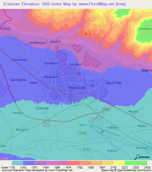 Erzincan,Turkey Elevation Map