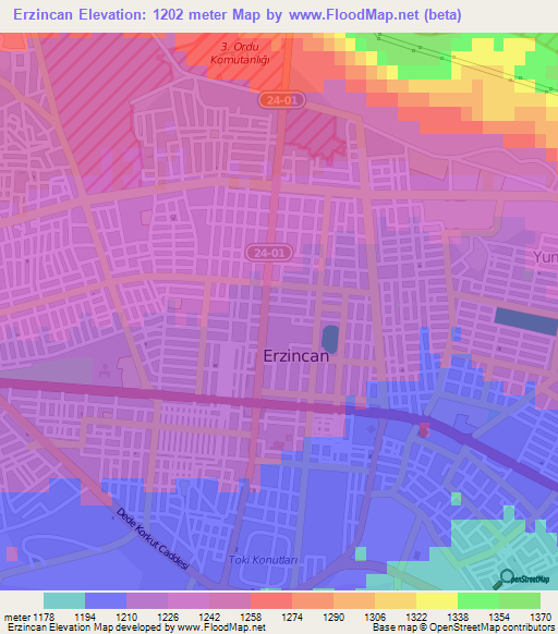 Erzincan,Turkey Elevation Map