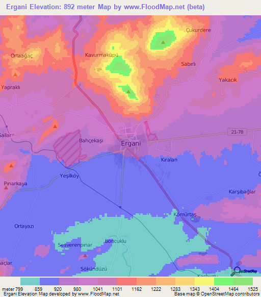 Ergani,Turkey Elevation Map