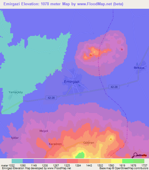 Emirgazi,Turkey Elevation Map