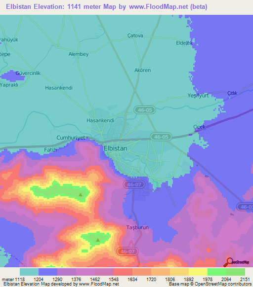 Elbistan,Turkey Elevation Map